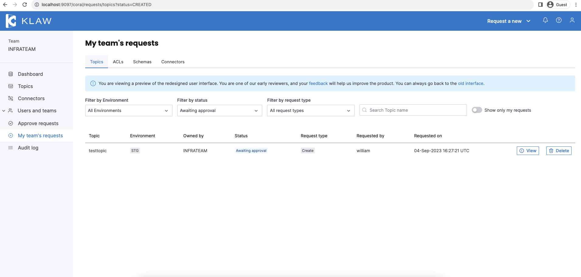 Screenshot: "My team's requests" page